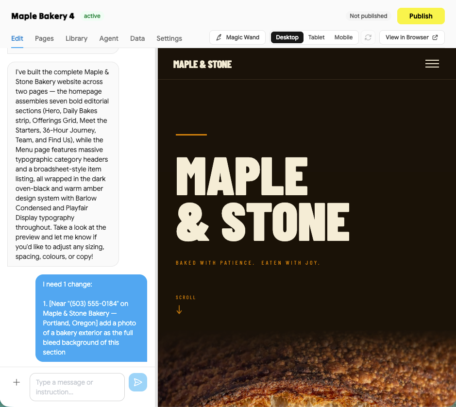 A freshly built bakery website appearing in the FreshGen preview panel